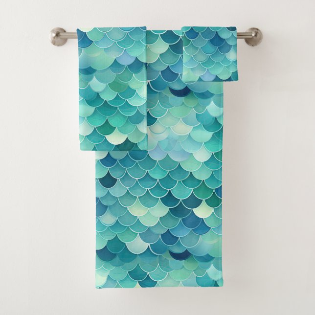 Teal Blue Mermaid Scale Pattern Bath Towel Set (Insitu)