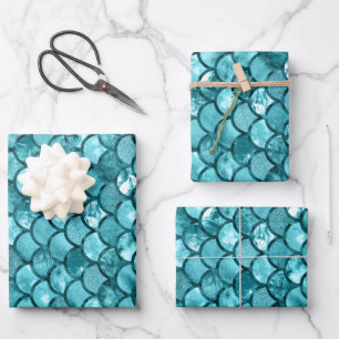 Teal Blue Mermaid Scales Pattern Wrapping Paper Sheet
