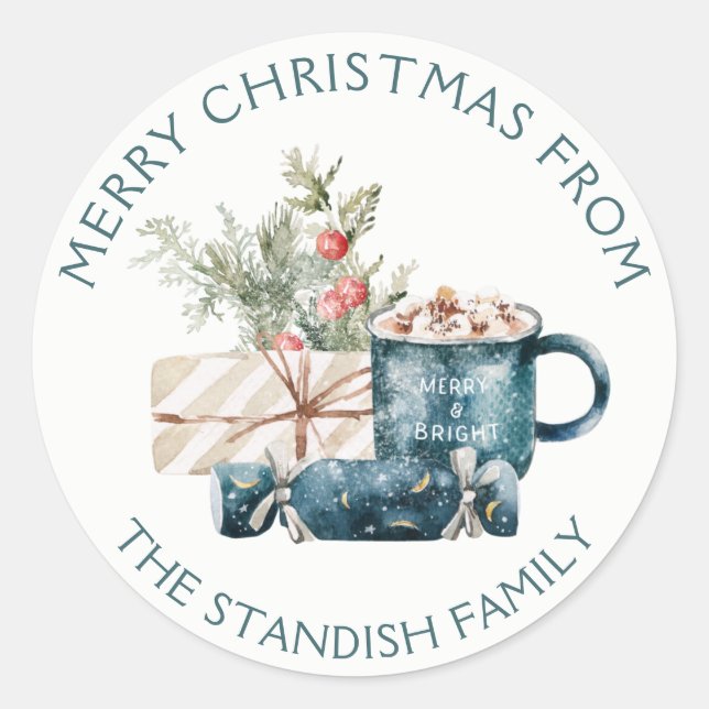 Teal Blue Merry Christmas Hot Chocolate Food Classic Round Sticker (Front)