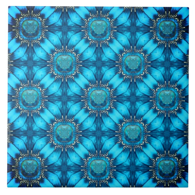 Teal Blue Metal Flowers with Gems Pattern Ceramic Tile (Front)