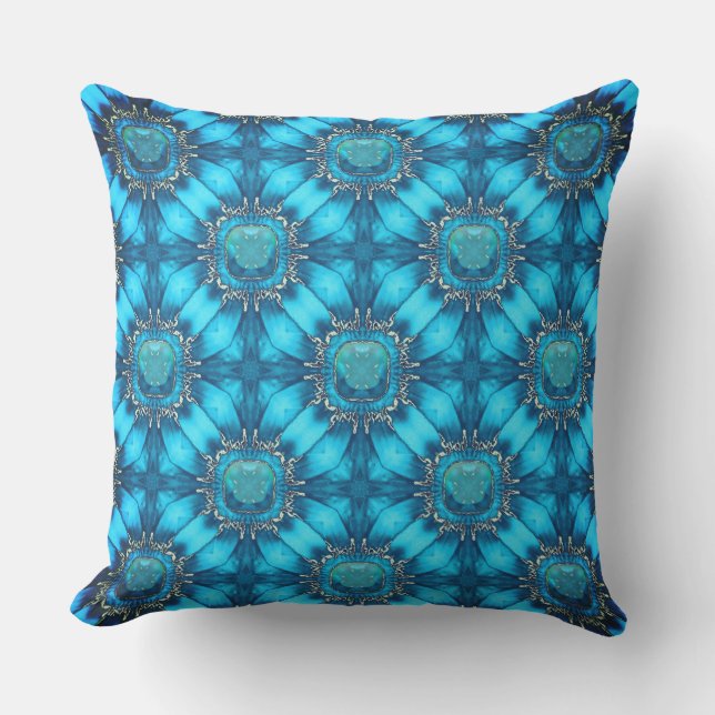 Teal Blue Metal Flowers with Gems Pattern Cushion (Front)