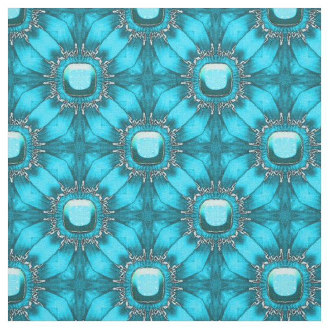 Teal Blue Metal Flowers with Gems Pattern Fabric (Swatch)