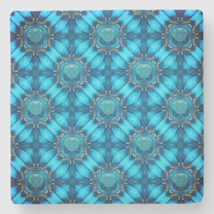 Teal Blue Metal Flowers with Gems Pattern Stone Coaster