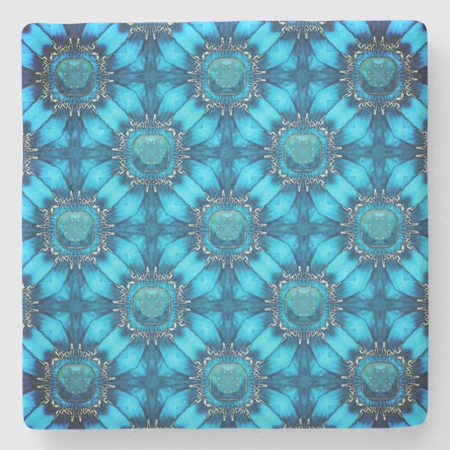 Teal Blue Metal Flowers with Gems Pattern Stone Coaster