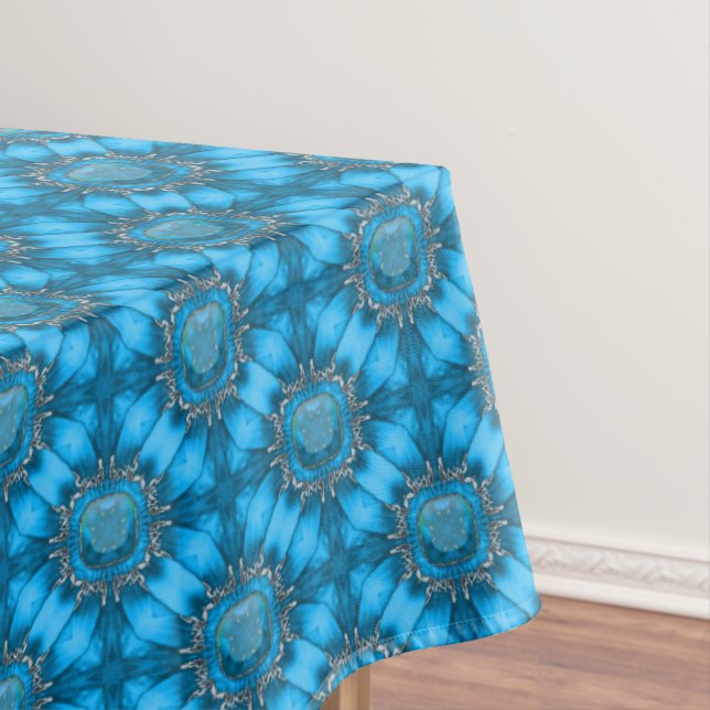 Teal Blue Metal Flowers with Gems Pattern Tablecloth (In Situ)