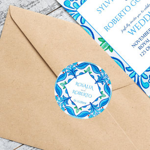 Teal blue Mexican Talavera bride and groom names  Classic Round Sticker