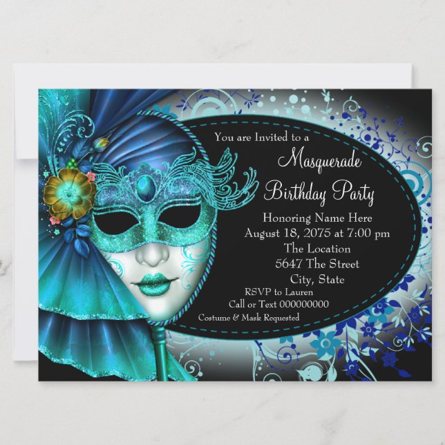 Teal Blue Midnight Masquerade Party Invitation (Front)