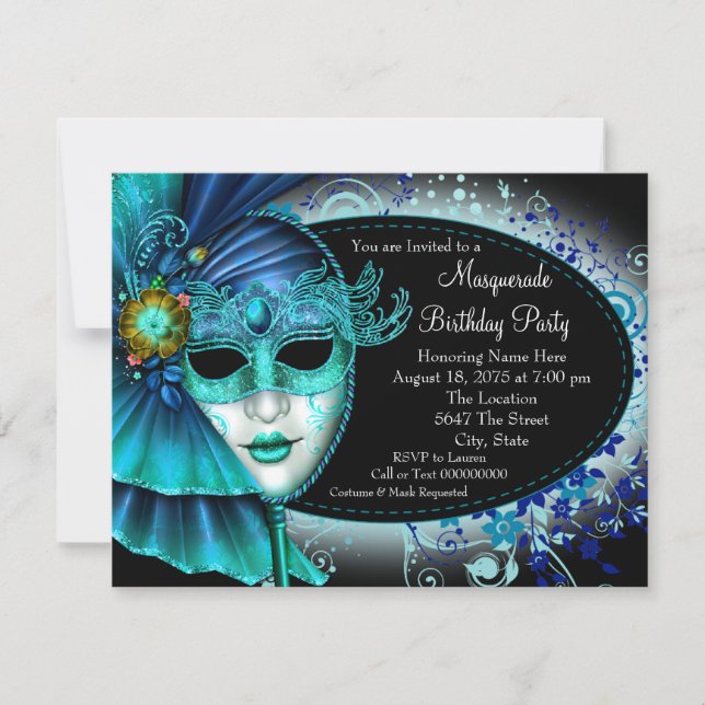 Teal Blue Midnight Masquerade Party Invitation (Front)