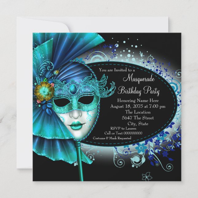 Teal Blue Midnight Masquerade Party Invitation (Front)