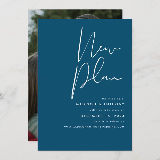 Teal Blue Minimalist Photo New Plan Wedding Announcement (Front/Back)