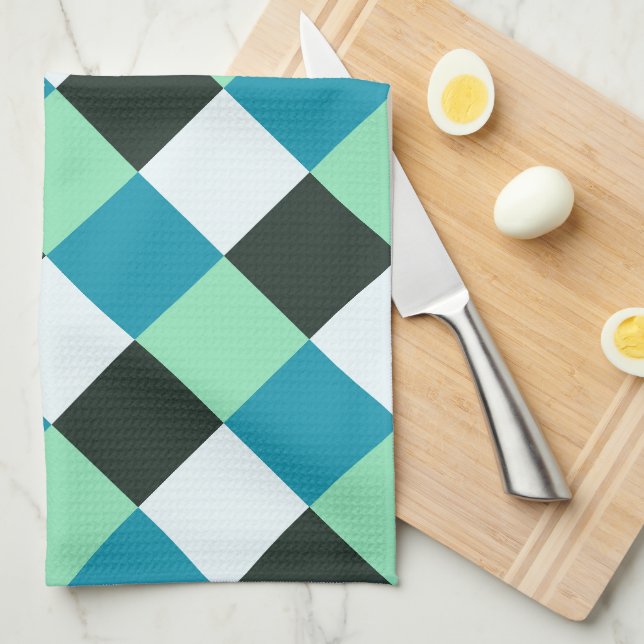 Teal Blue Mint Green Coal White Plaid Tea Towel (Quarter Fold)