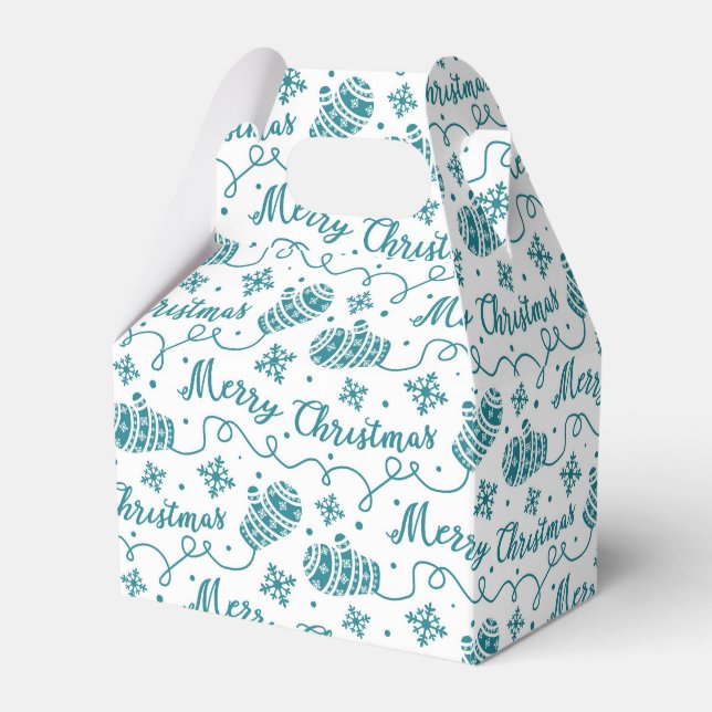 Teal Blue Mittens Pattern Christmas Favour Box (Front Side)