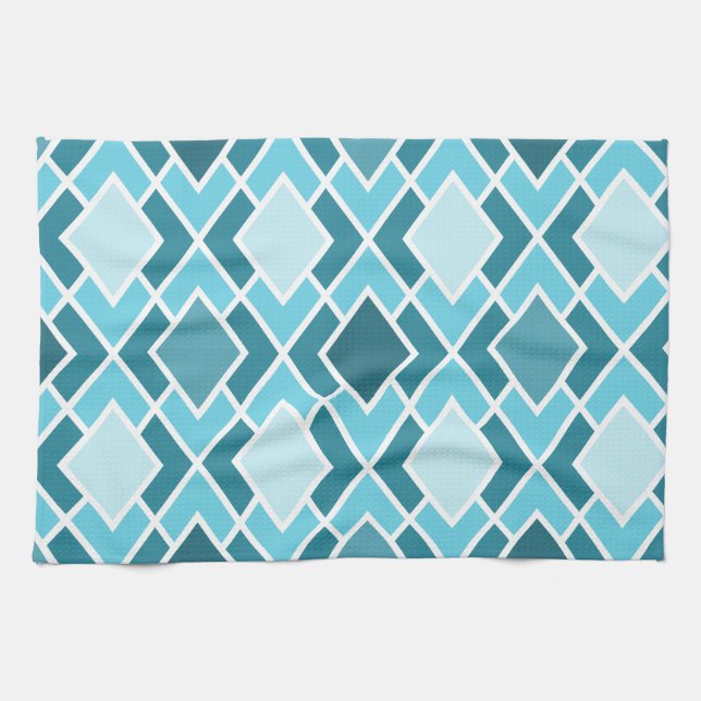 Teal Blue Modern Diamond Geometric Pattern Tea Towel (Horizontal)