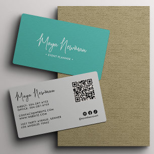 TEAL BLUE Modern Elegant Minimal QR Code Creative Business Card