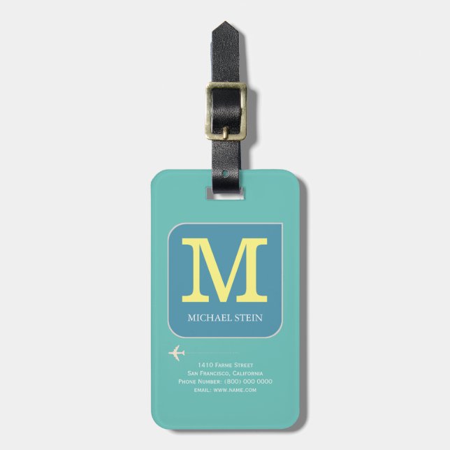 teal blue modern logo . travel monogram luggage tag (Front Vertical)