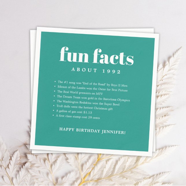 Teal Blue Modern Minimal Fun Facts Birthday Year Napkin (Creator Uploaded)