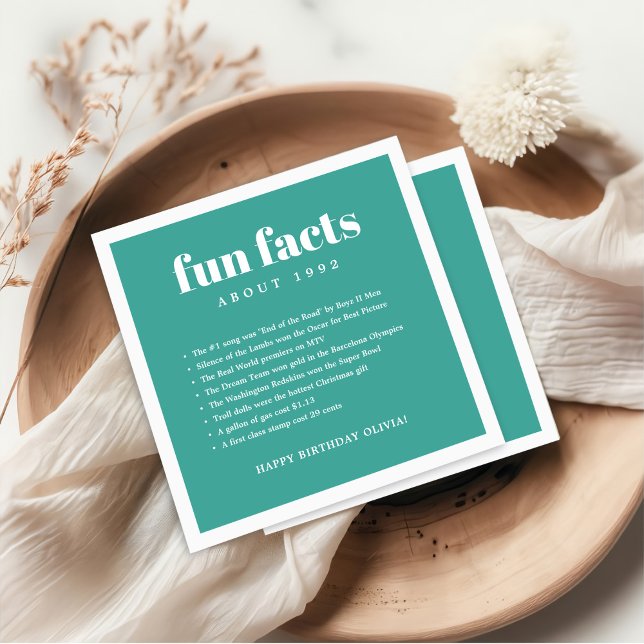 Teal Blue Modern Minimal Fun Facts Birthday Year  Napkin (Creator Uploaded)