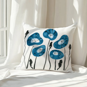 Teal Blue Modern Poppy Painting Cushion