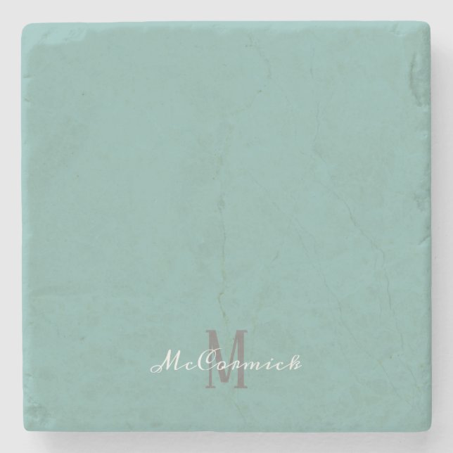Teal Blue Modern Script Girly Monogram Name Stone Coaster (Front)