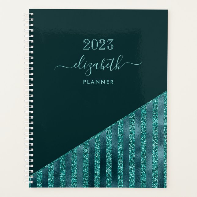Teal Blue Modern Trendy Glam Glitter Personalised  Planner (Front)