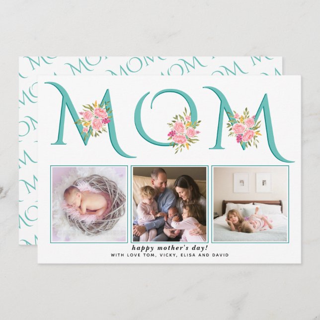 Teal blue MOM typography photo Mothers Day Holiday Card (Front/Back)