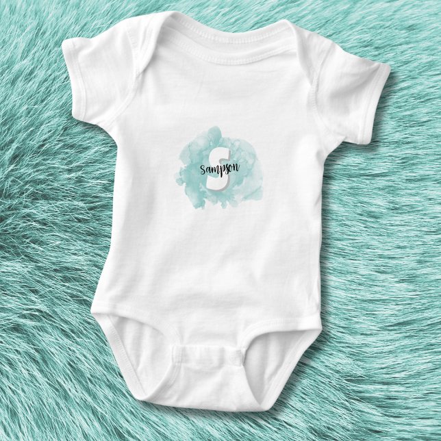 Teal Blue Monogram Baby Boy Bodysuit (Cute Modern Watercolor Teal Blue Monogram Baby Boy Baby Bodysuit)