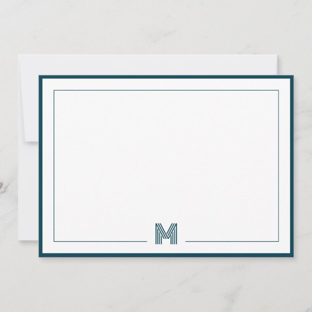 Teal Blue Monogram Double Border Stationery Card (Front)
