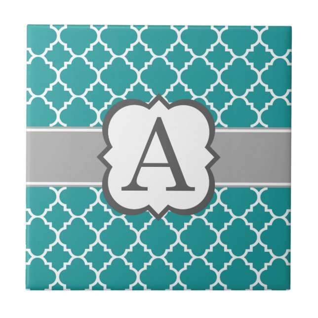 Teal Blue Monogram Letter A Quatrefoil Ceramic Tile (Front)