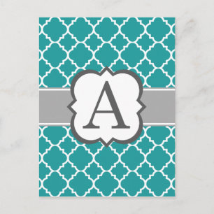 Teal Blue Monogram Letter A Quatrefoil Postcard