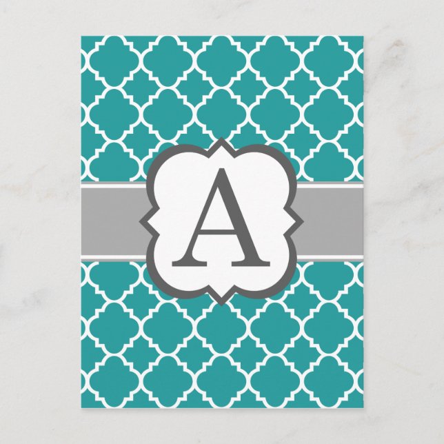 Teal Blue Monogram Letter A Quatrefoil Postcard (Front)