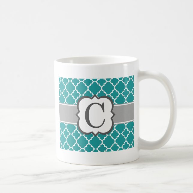 Teal Blue Monogram Letter C Quatrefoil Coffee Mug (Right)