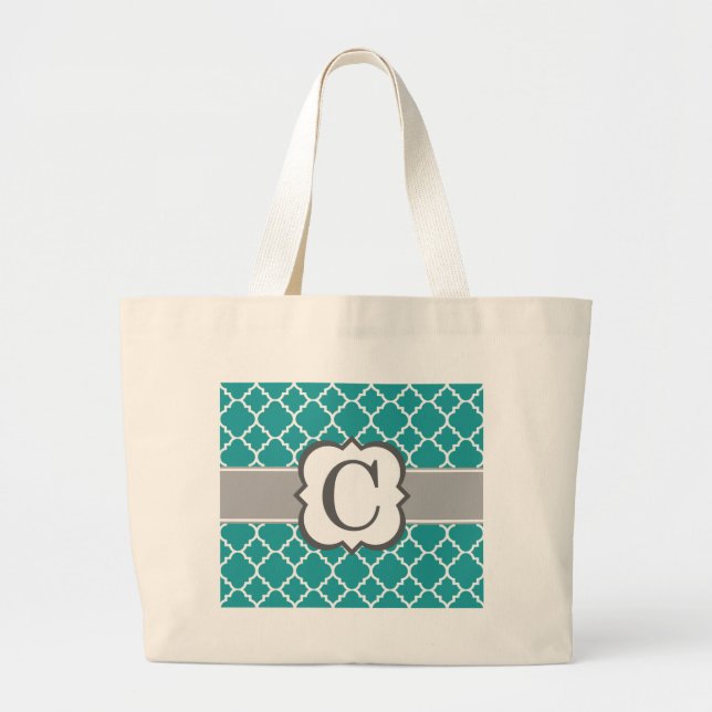 Teal Blue Monogram Letter C Quatrefoil Large Tote Bag (Front)
