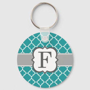 Teal Blue Monogram Letter F Quatrefoil Key Ring