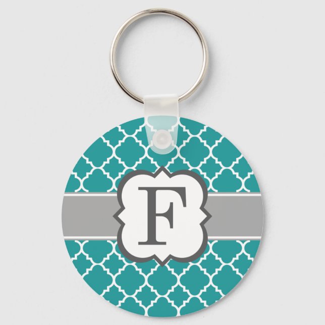 Teal Blue Monogram Letter F Quatrefoil Key Ring (Front)