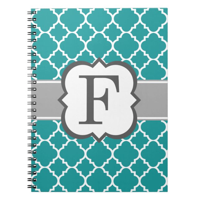Teal Blue Monogram Letter F Quatrefoil Notebook (Front)