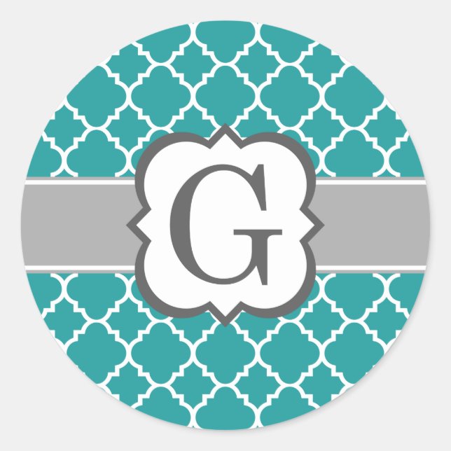 Teal Blue Monogram Letter G Quatrefoil Classic Round Sticker (Front)