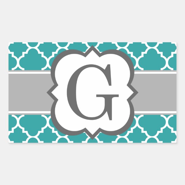 Teal Blue Monogram Letter G Quatrefoil Rectangular Sticker (Front)