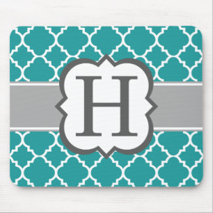 Teal Blue Monogram Letter H Quatrefoil Mouse Pad