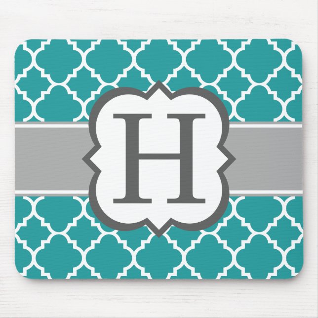 Teal Blue Monogram Letter H Quatrefoil Mouse Pad (Front)