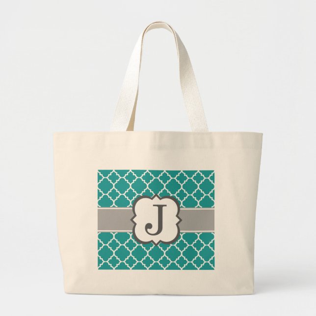 Teal Blue Monogram Letter J Quatrefoil Large Tote Bag (Front)