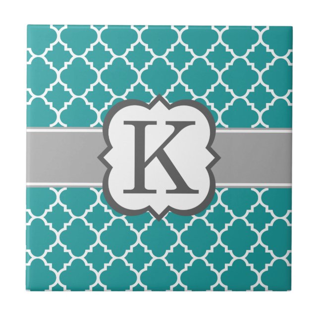 Teal Blue Monogram Letter K Quatrefoil Ceramic Tile (Front)