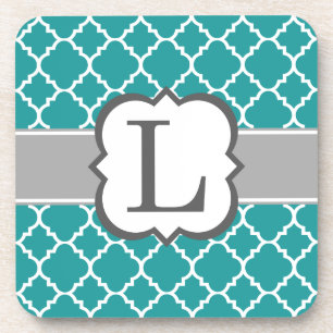 Teal Blue Monogram Letter L Quatrefoil Coaster