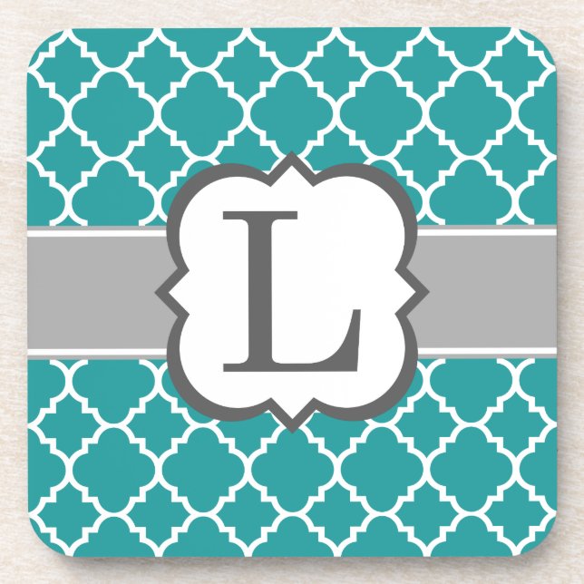 Teal Blue Monogram Letter L Quatrefoil Coaster (Front)