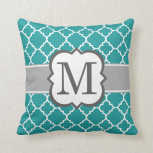 Teal Blue Monogram Letter M Quatrefoil Cushion