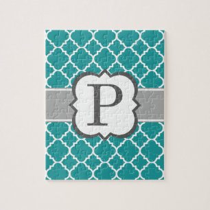 Teal Blue Monogram Letter P Quatrefoil Jigsaw Puzzle