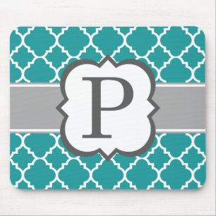 Teal Blue Monogram Letter P Quatrefoil Mouse Pad