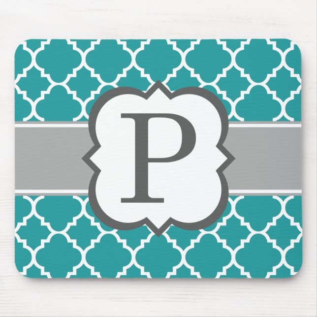 Teal Blue Monogram Letter P Quatrefoil Mouse Pad (Front)