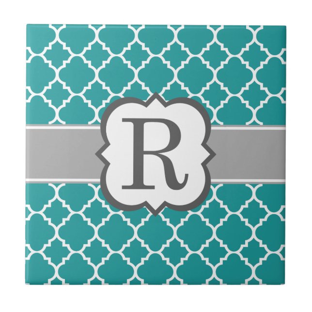 Teal Blue Monogram Letter R Quatrefoil Ceramic Tile (Front)