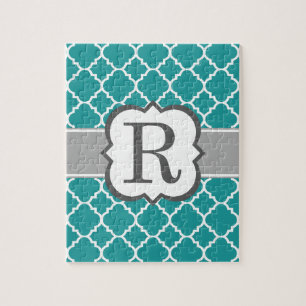 Teal Blue Monogram Letter R Quatrefoil Jigsaw Puzzle