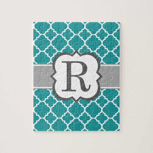 Teal Blue Monogram Letter R Quatrefoil Jigsaw Puzzle (Vertical)